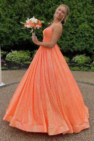 Sequins Spaghetti Straps A-Line Long Prom Dress