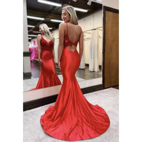 Elegant & Luxurious V-Neck Spaghetti Straps Mermaid Trumpet Backless Prom Dress