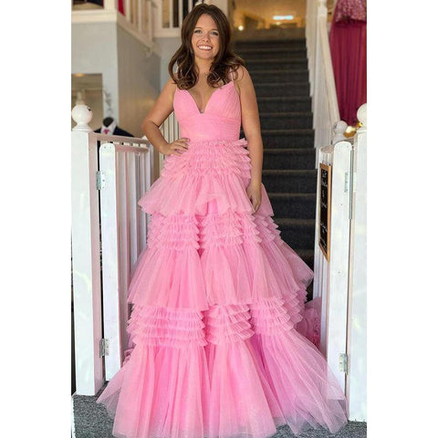 Vestido largo de fiesta de bienvenida con escote en V, tirantes finos y tul fruncido, corte A 
