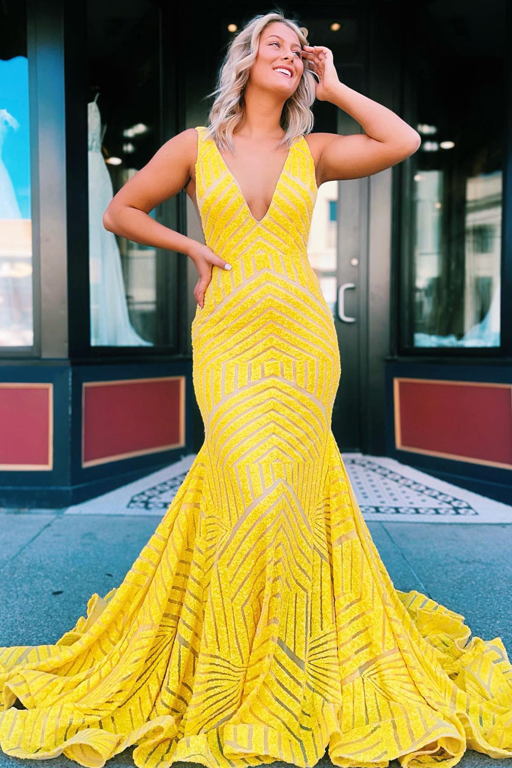 Deep V Neck Sequin Mermaid Prom Dress