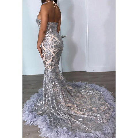 V-Neck Halter Sequins Satin Feather Mermaid Long Prom Evening Dress