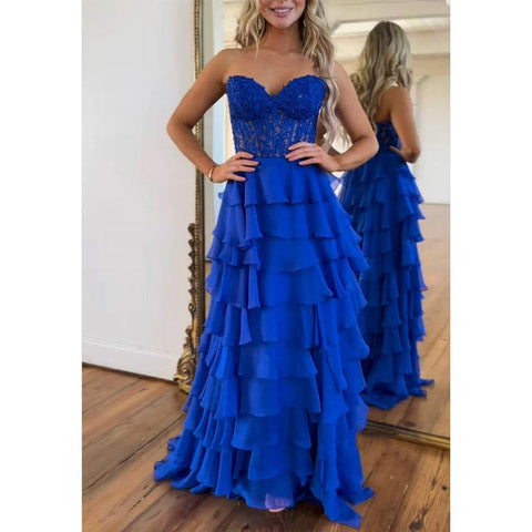 Vestido de noche de fiesta con escote en forma de A, sin tirantes y apliques en capas 