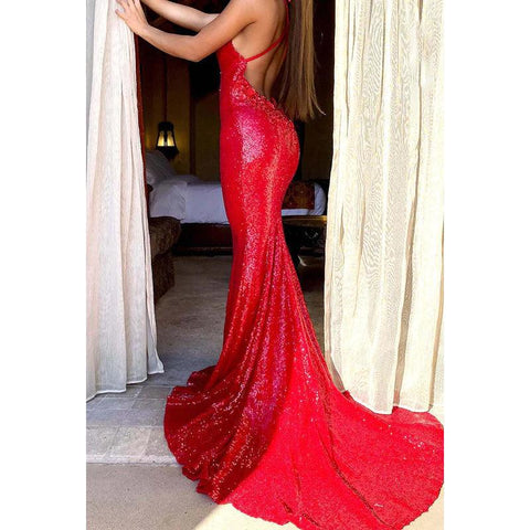 Robe de bal longue sirène à bretelles spaghetti et col en V et paillettes