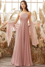 Robe de demoiselle d'honneur en mousseline rose poudré