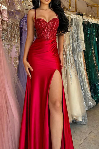 Mermaid  Spaghetti Straps Satin Corset Long Prom Dress with Slit