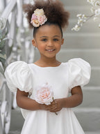 Vestido de niña de las flores con mangas abullonadas, lazo, botones en la espalda y cola de barrido 