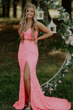 Two Piece Light Blue Sequins Mermaid Prom Dress with Slit
