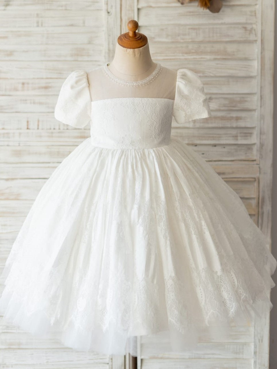 Vestido de niña de las flores de la Primera Comunión de encaje hasta la rodilla 