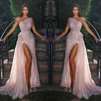 Pink One Shoulder Mermaid Evening Dress Long Split With Sequins Beads