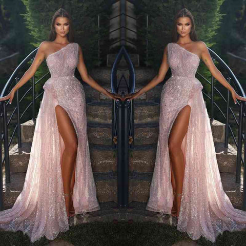 Pink One Shoulder Mermaid Evening Dress Long Split With Sequins Beads