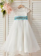 Vestido de niña de las flores color marfil, corte en A, de organza de encaje, hasta el tobillo 