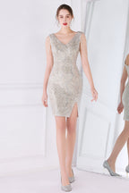 Robe cocktail abricot à sequins et franges