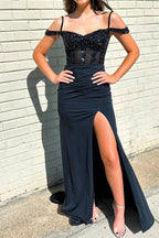 Stylish Mermaid Off the Shoulder Black Corset Prom Dress with Split Front