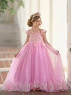 Vestido de gala/princesa rosa con cola de encaje para cumpleaños 