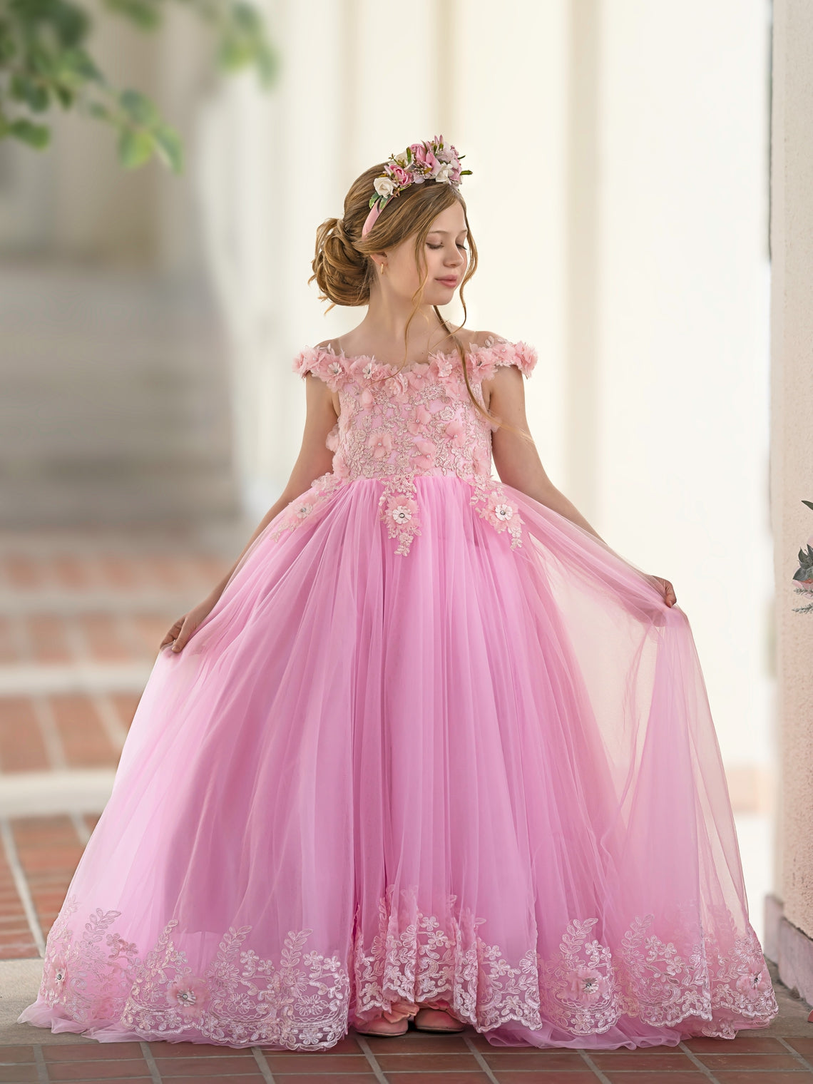 Vestido de gala/princesa rosa con cola de encaje para cumpleaños 