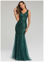 Sequin Stitching Mesh Mermaid Evening Dress Double V Neck Sleeveless Bridesmaid Elastic Dress