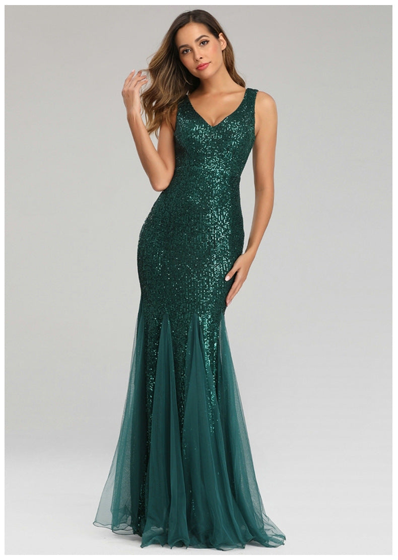 Sequin Stitching Mesh Mermaid Evening Dress Double V Neck Sleeveless Bridesmaid Elastic Dress