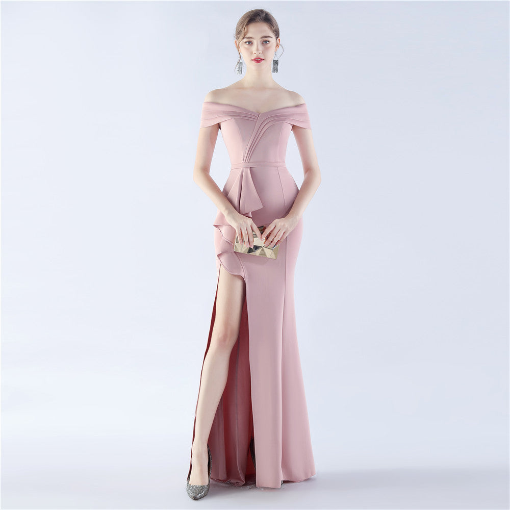 Classic Satin Off Shoulder Long Evening Dress Elegant Timeless
