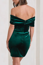 Robe mini portefeuille en velours à épaules dénudées et nœud Bardot, style Paris Streets 
