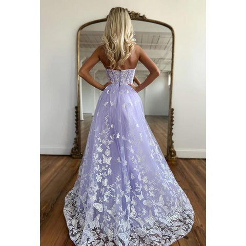Sweetheart Strapless Sleeveless Lace Tulle A-Line Long Prom Evening Dress
