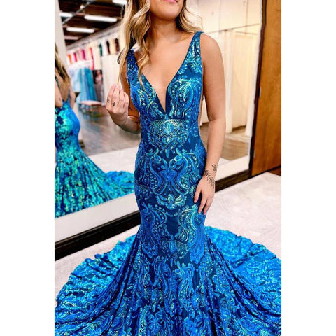 Robe de bal luxueuse à volants trompette/sirène, col en V, paillettes, dos nu