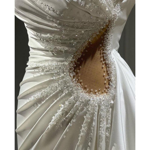 Vestido de fiesta formal sencillo y elegante con un hombro al descubierto, sin mangas, fruncido, corte sirena y cuentas