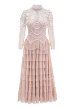 Luxury Crystal Pearl Beaded Drop Waist Tiered Tulle Maxi Evening Dress