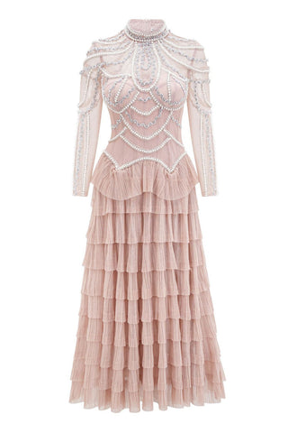 Vestido largo de noche de tul con cintura baja y cuentas de perlas de cristal de lujo 