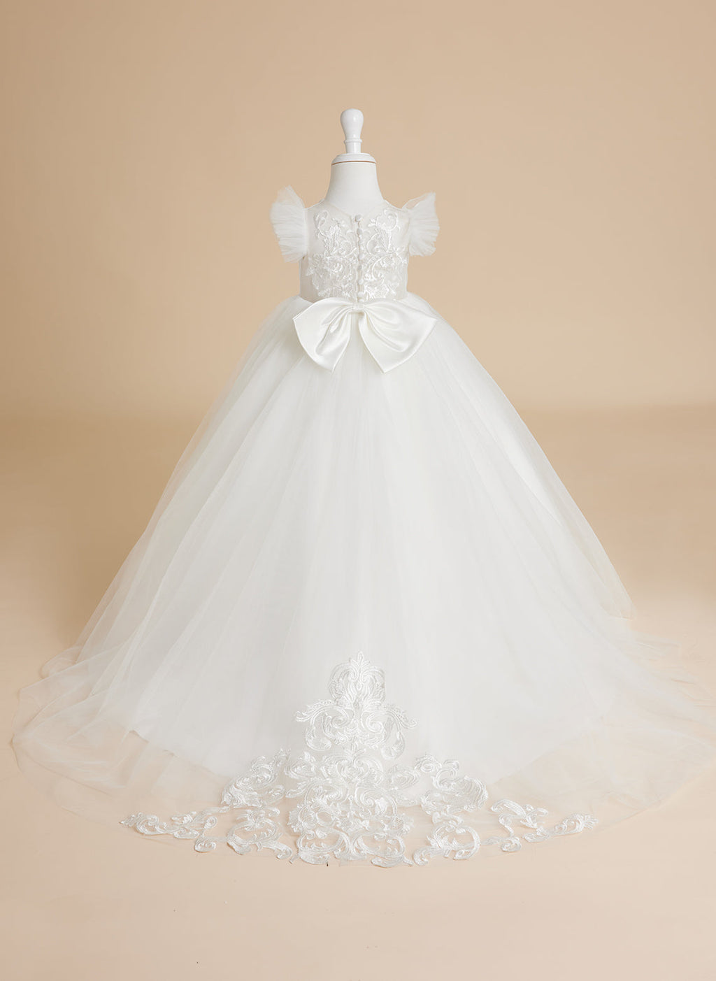 Vestido de princesa color marfil con apliques de encaje y cola de tul para niñas 