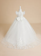 Vestido de princesa color marfil con apliques de encaje y cola de tul para niñas 