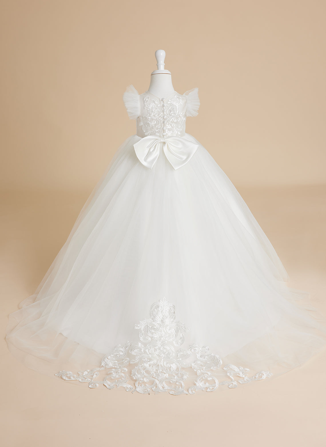Vestido de princesa color marfil con apliques de encaje y cola de tul para niñas 
