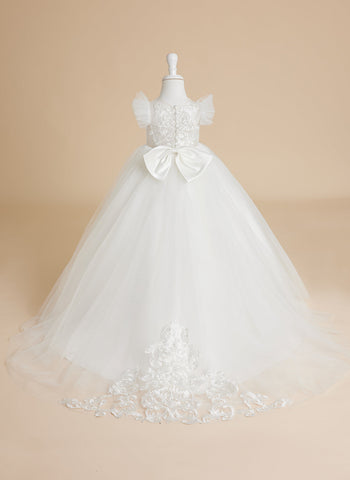 Robe de bal princesse ivoire avec applications de dentelle et traîne en tulle pour filles 