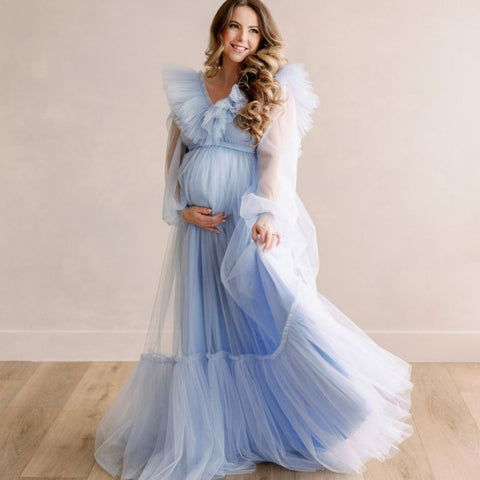 Vestido de tul azul claro para baby shower para mamá