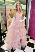 Stacia | Vestidos largos de fiesta de corte A, sin tirantes, color rosa rubor, con volantes y tul escalonado