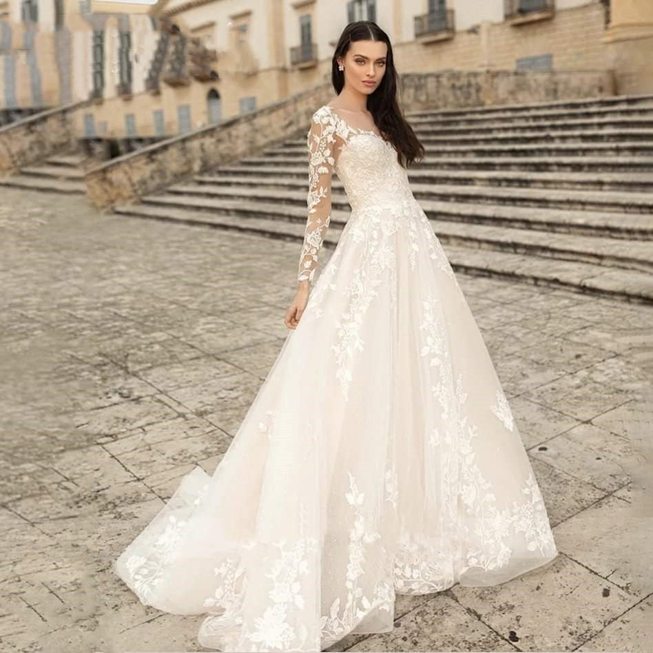 Robes de mariée élégantes à col rond 2023, manches longues en dentelle, coupe trapèze, robe de mariée tendance pour femme, bretelles dos nu.
