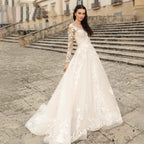 Robes de mariée élégantes à col rond 2023, manches longues en dentelle, coupe trapèze, robe de mariée tendance pour femme, bretelles dos nu.
