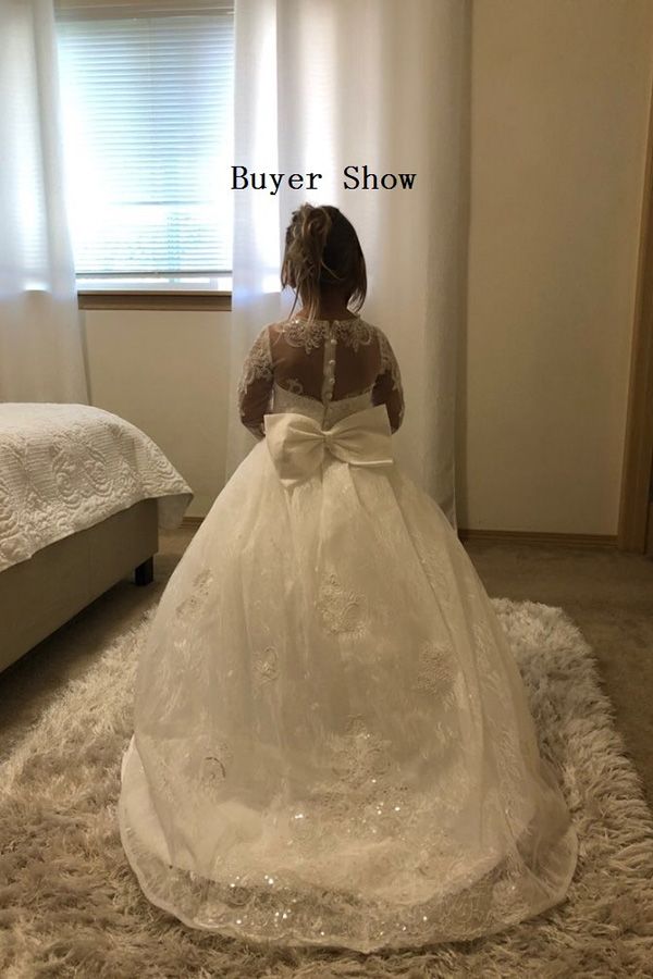 Vestido de niña de las flores de encaje de manga larga