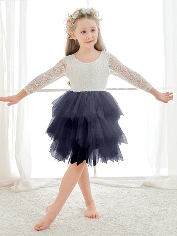 Vestido blanco de tul y encaje hasta la rodilla (2003227580) 