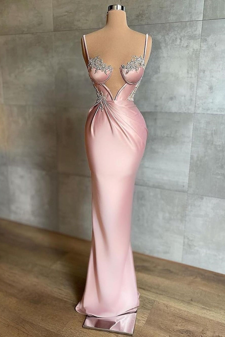 Vestido de fiesta largo de sirena con escote corazón, tirantes finos, satén y pedrería