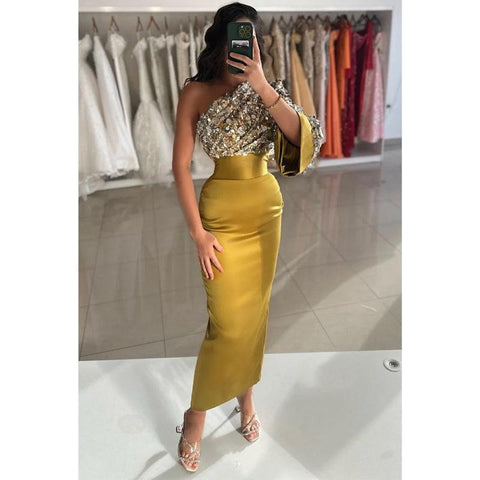 Sequins One Shoulder Green Long Sleeves Prom Dress Evening Gowns