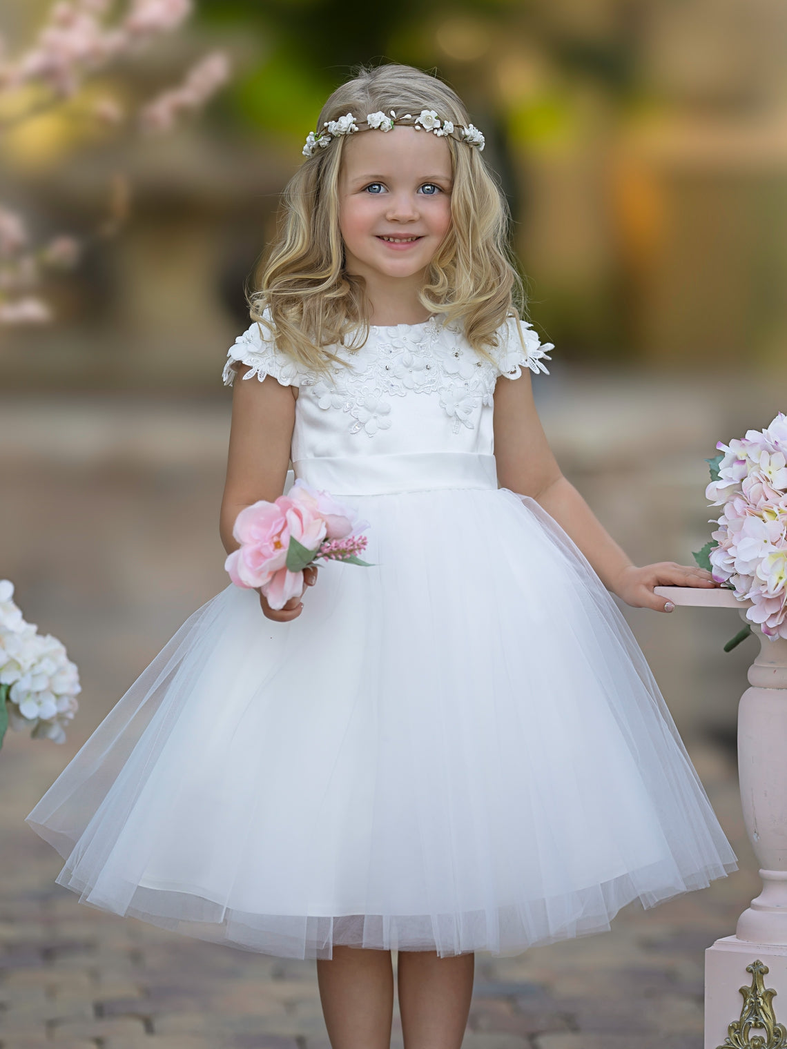 Vestido de niña de las flores de la Primera Comunión, color marfil, de tul satinado hasta la rodilla 