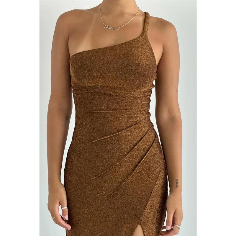 Vestido de fiesta ajustado de un solo hombro con pliegues y aberturas laterales para graduación y noche 