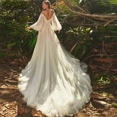 Elegant Sweetheart Neck Puff Long Sleeves Wedding Dress For Women 2023 Backless Tulle Bridal Gown Classic Robe De Mariée