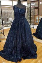Sparkly Plus Size Light Blue One Shoulder A Line Sequins Prom Dress