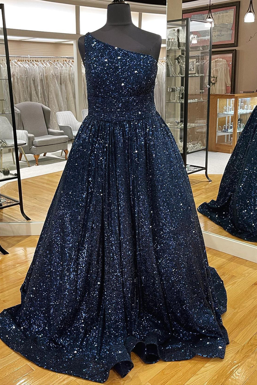 Sparkly Plus Size Light Blue One Shoulder A Line Sequins Prom Dress