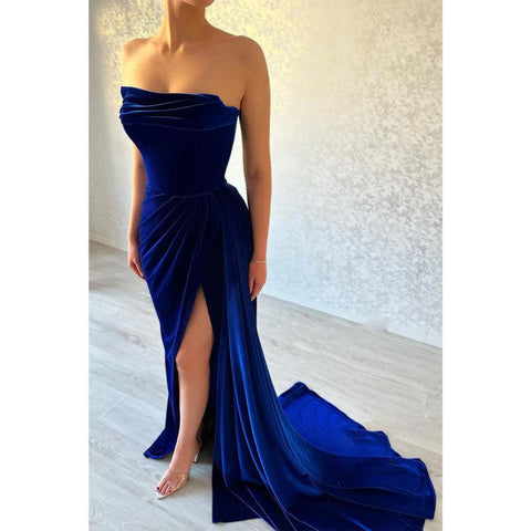 Royal Blue Strapless Velvet Pleats Long Train Split Sexy Prom Dress Party Gown