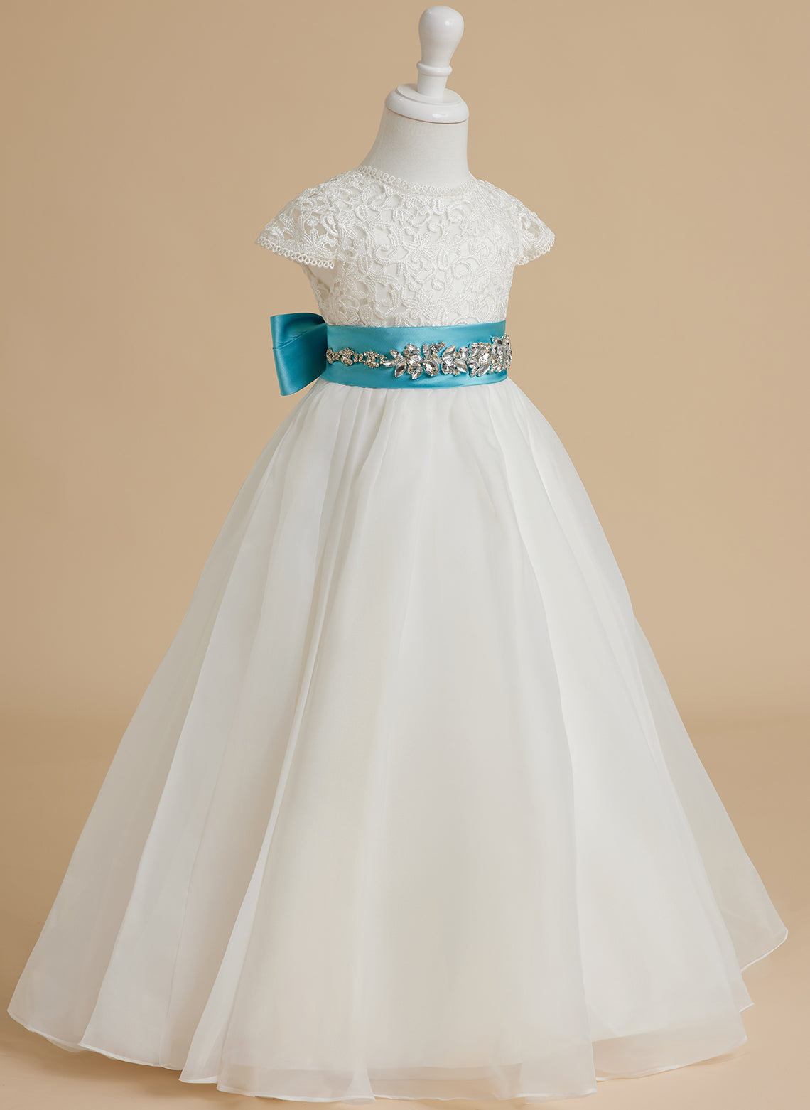 Vestido de niña de las flores color marfil, corte en A, de organza de encaje, hasta el tobillo 