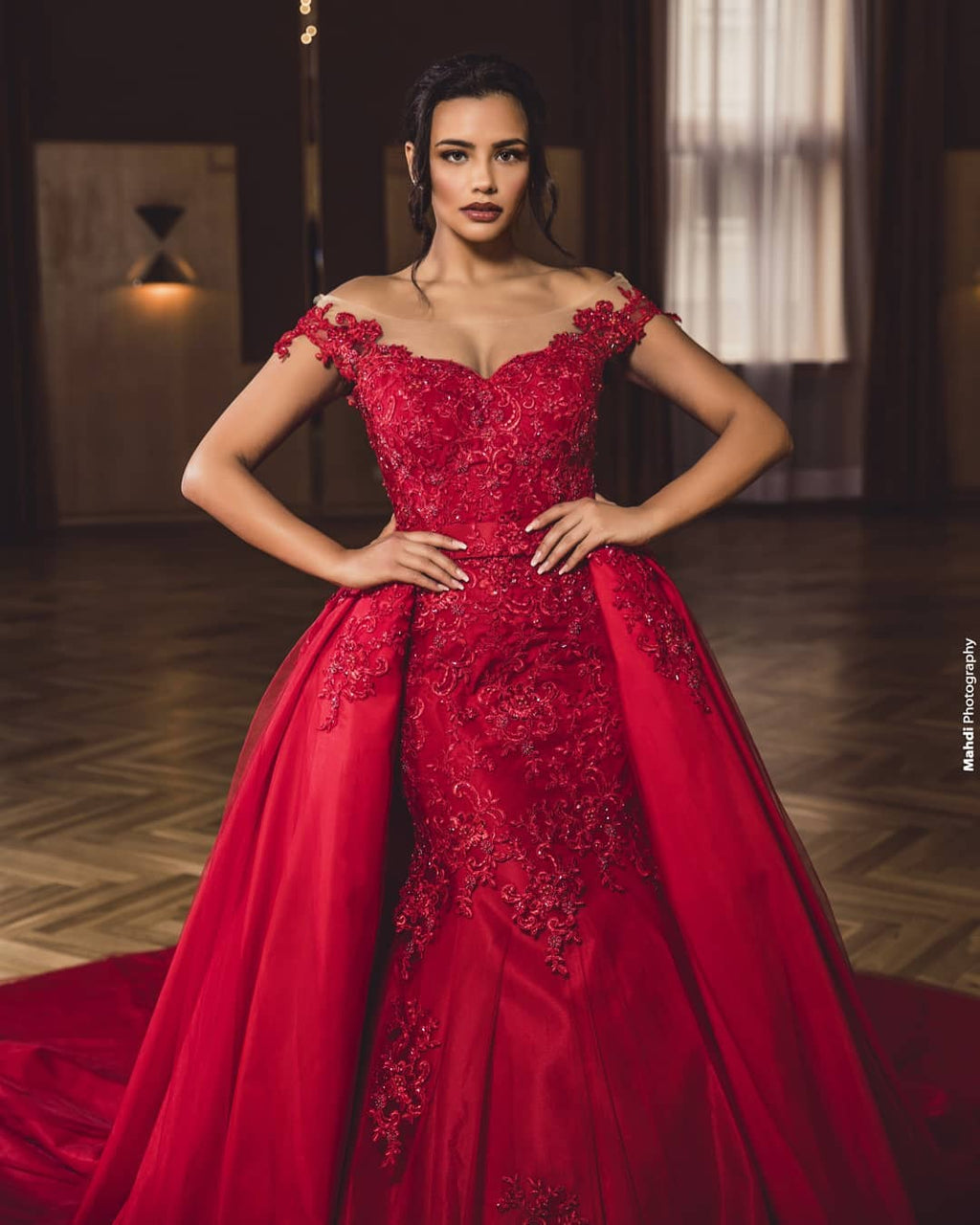 Off-the-Shoulder Prom Dress Lace Appliques With Overskirt