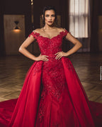 Off-the-Shoulder Prom Dress Lace Appliques With Overskirt