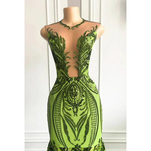 Vestido de fiesta de corte trompeta/sirena con escote en V profundo brillante, sin mangas, lentejuelas y volantes